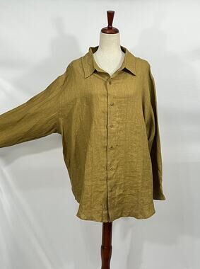 OZMA Sz L Large Vija Button Up Linen Shirt Top Brown Tan Khaki Olive